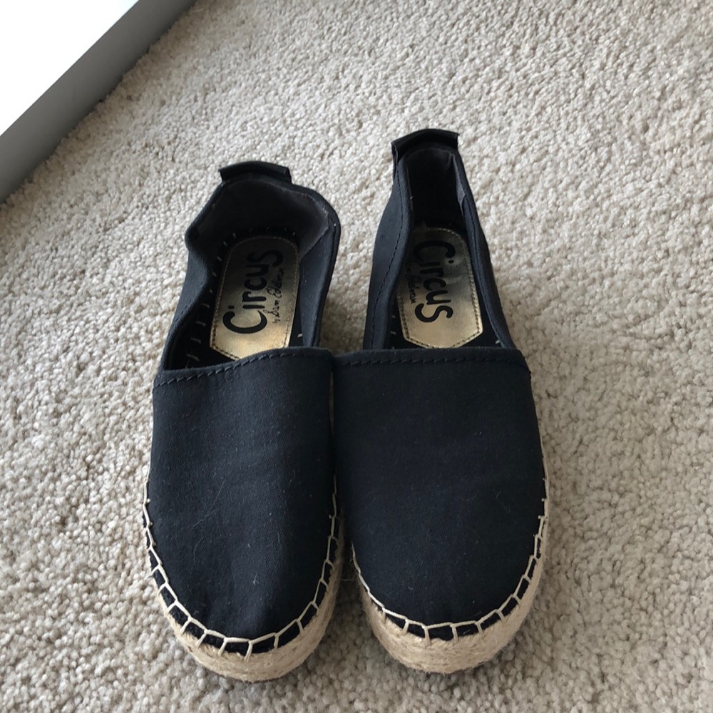 Black espadrille platform slip on shoes